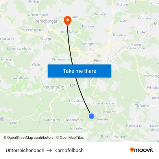 Unterreichenbach to Kämpfelbach map