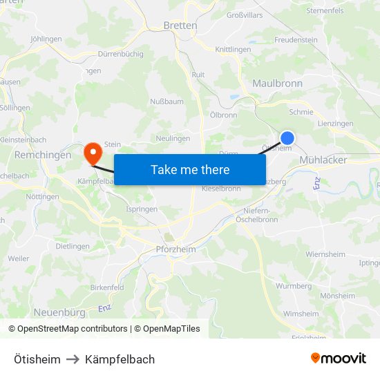 Ötisheim to Kämpfelbach map