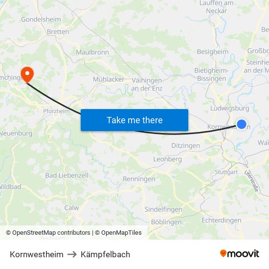 Kornwestheim to Kämpfelbach map