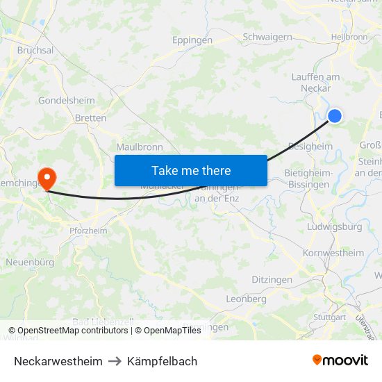 Neckarwestheim to Kämpfelbach map