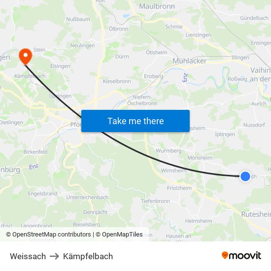 Weissach to Kämpfelbach map