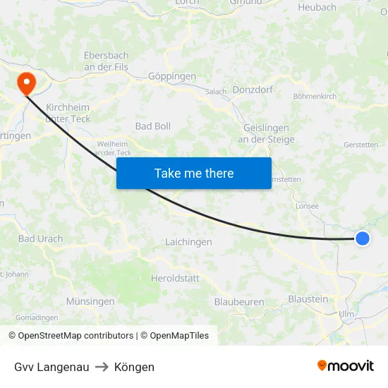 Gvv Langenau to Köngen map