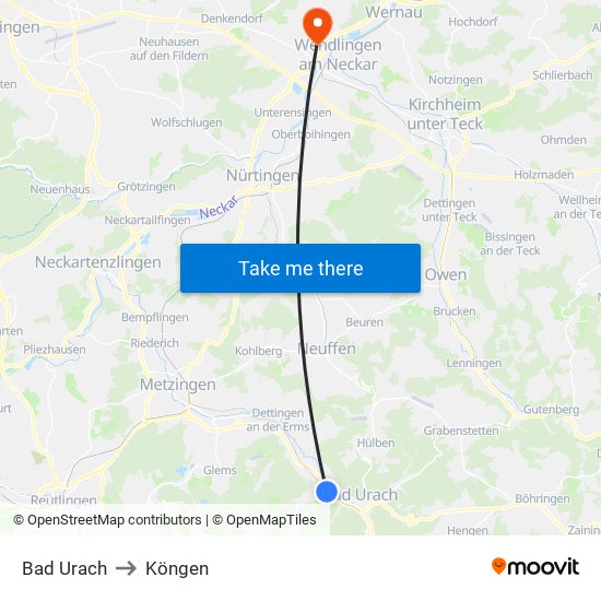 Bad Urach to Köngen map