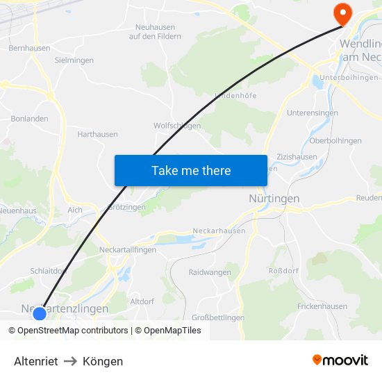 Altenriet to Köngen map