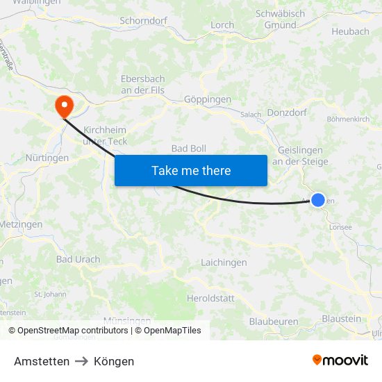 Amstetten to Köngen map