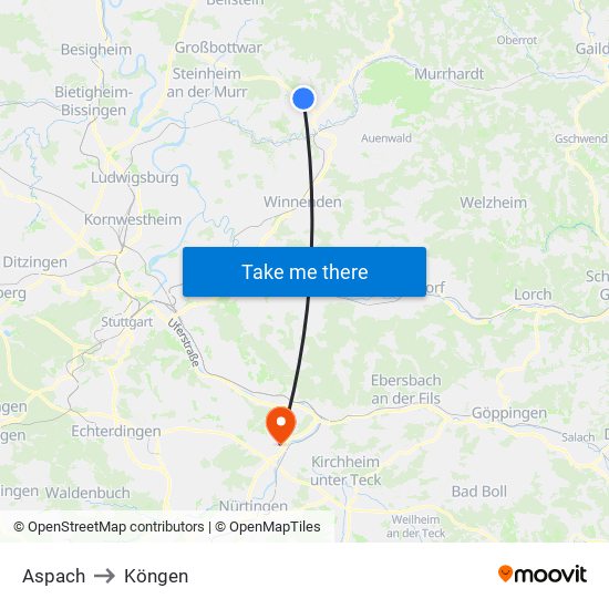 Aspach to Köngen map