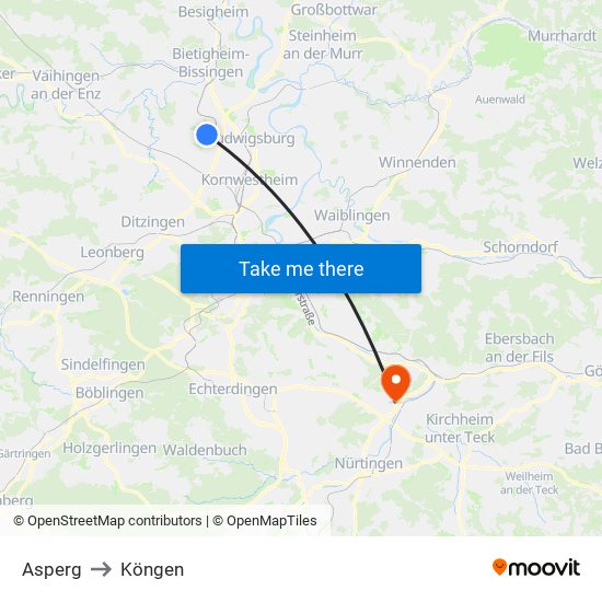 Asperg to Köngen map