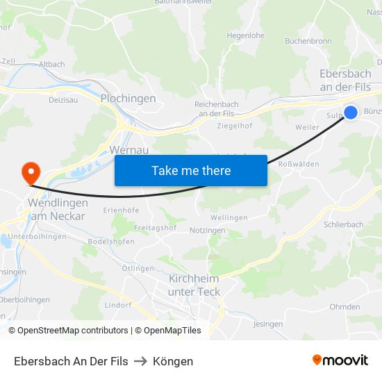 Ebersbach An Der Fils to Köngen map