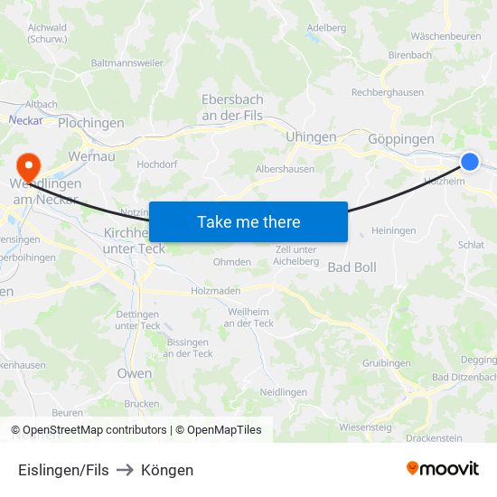 Eislingen/Fils to Köngen map