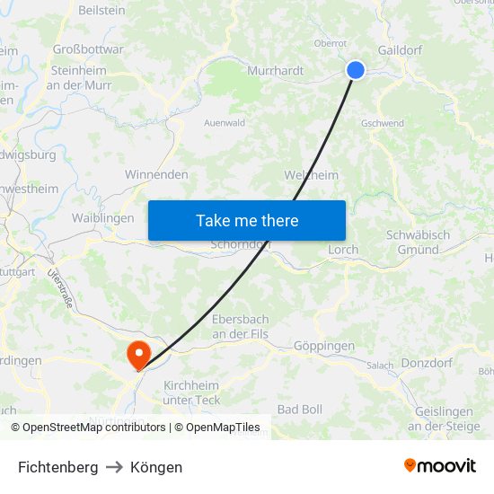 Fichtenberg to Köngen map