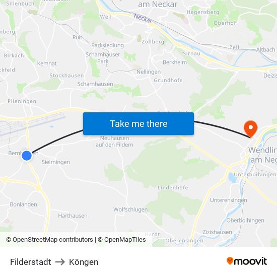 Filderstadt to Köngen map