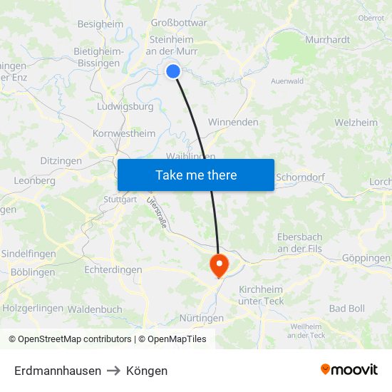 Erdmannhausen to Köngen map