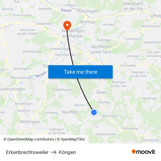 Erkenbrechtsweiler to Köngen map