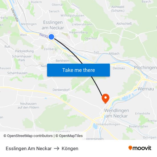 Esslingen Am Neckar to Köngen map