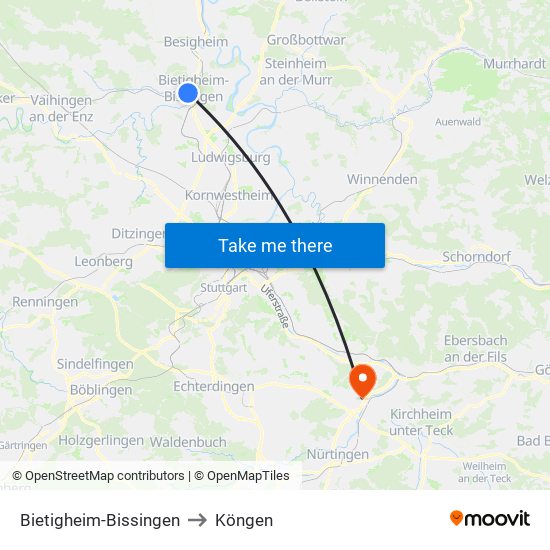 Bietigheim-Bissingen to Köngen map