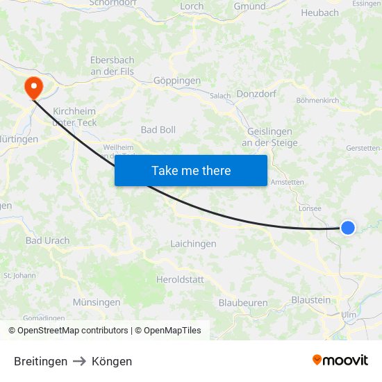 Breitingen to Köngen map