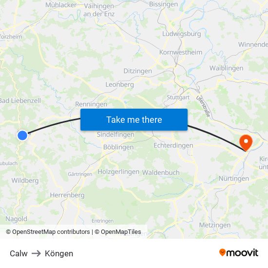 Calw to Köngen map