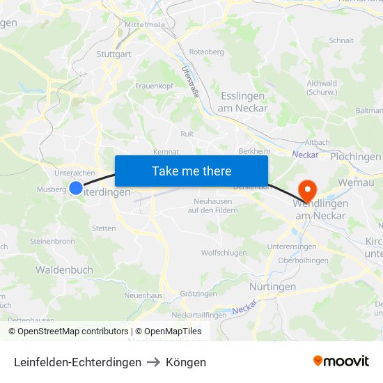 Leinfelden-Echterdingen to Köngen map
