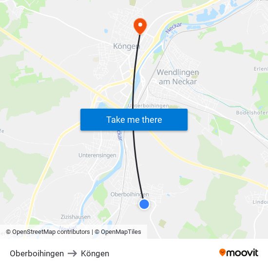 Oberboihingen to Köngen map
