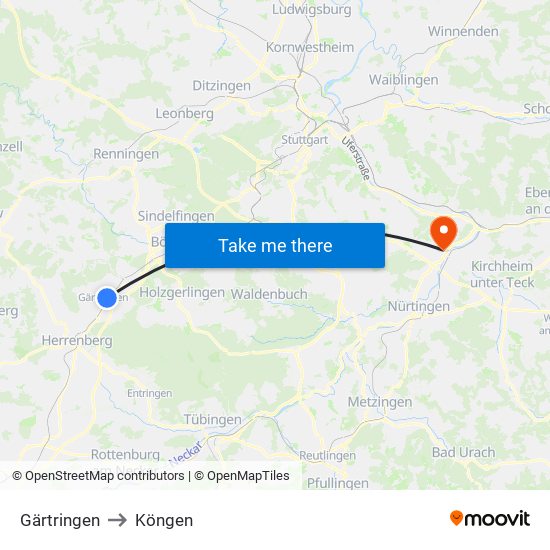 Gärtringen to Köngen map