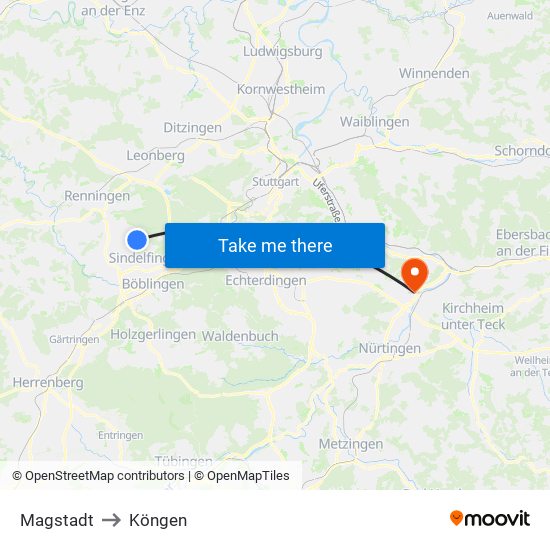 Magstadt to Köngen map