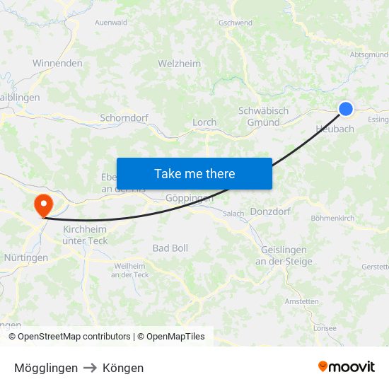 Mögglingen to Köngen map