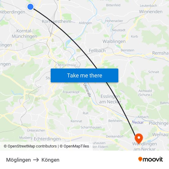 Möglingen to Köngen map