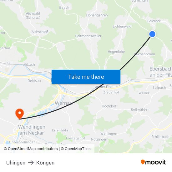 Uhingen to Köngen map