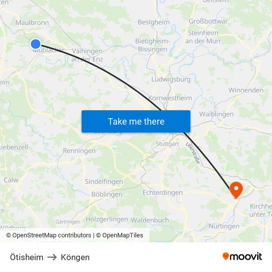 Ötisheim to Köngen map