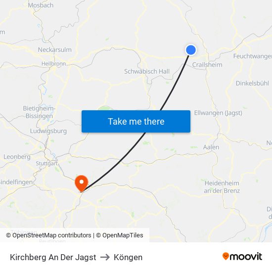 Kirchberg An Der Jagst to Köngen map