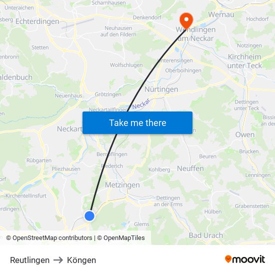 Reutlingen to Köngen map