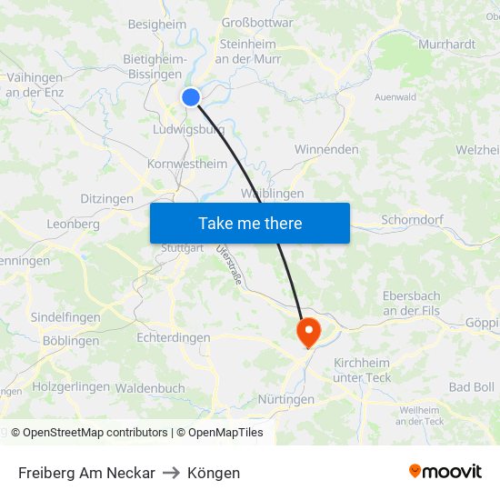 Freiberg Am Neckar to Köngen map