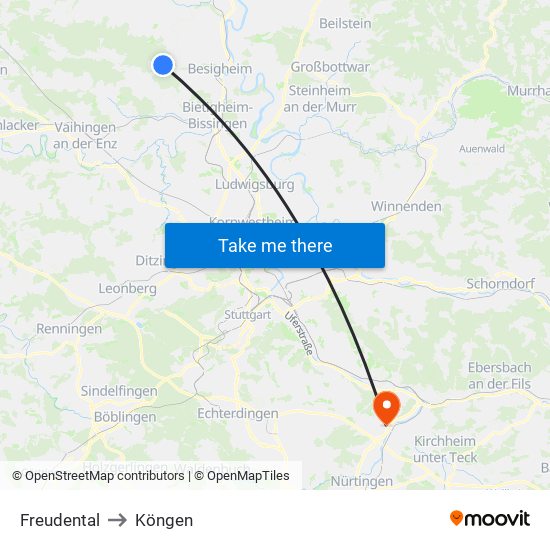 Freudental to Köngen map