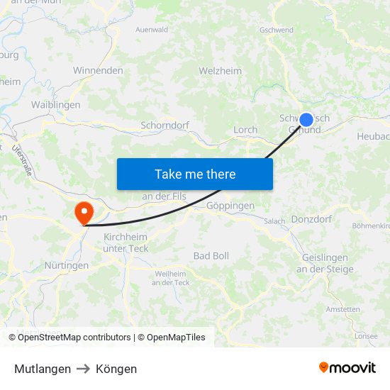 Mutlangen to Köngen map