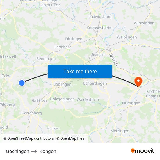 Gechingen to Köngen map