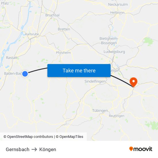 Gernsbach to Köngen map