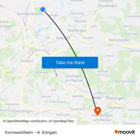 Kornwestheim to Köngen map