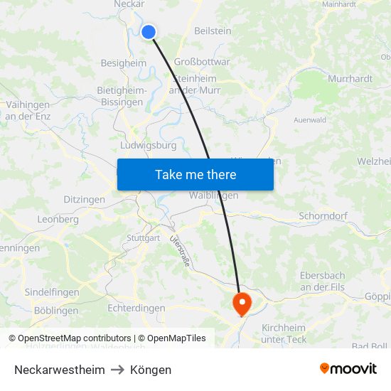 Neckarwestheim to Köngen map