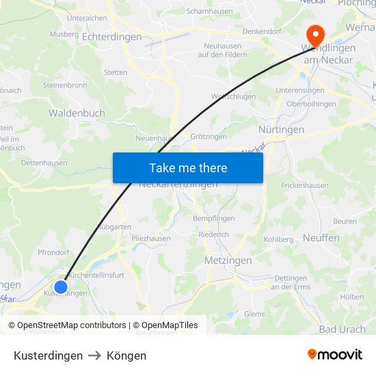 Kusterdingen to Köngen map