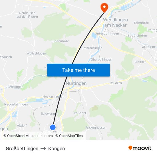 Großbettlingen to Köngen map
