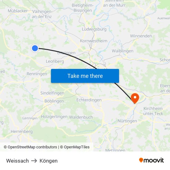Weissach to Köngen map
