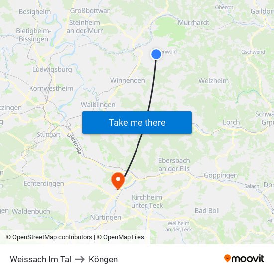 Weissach Im Tal to Köngen map