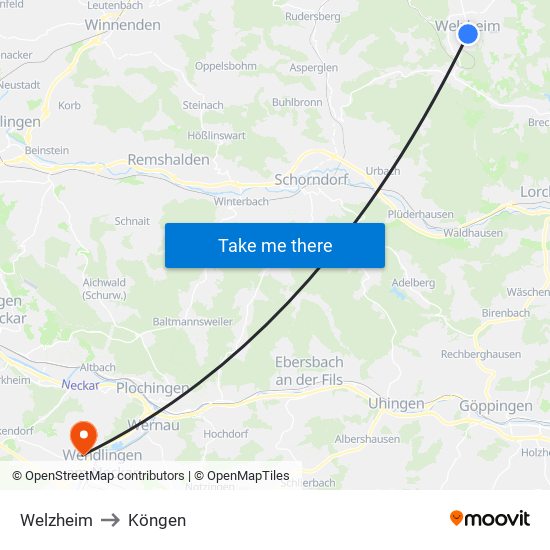 Welzheim to Köngen map