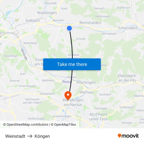 Weinstadt to Köngen map