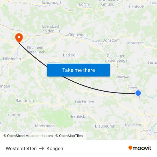 Westerstetten to Köngen map