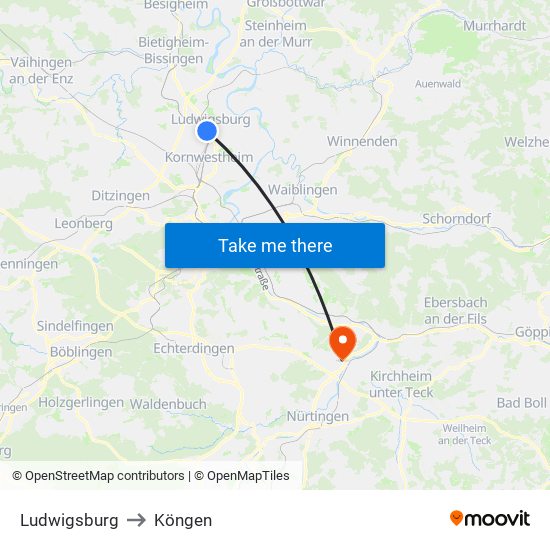 Ludwigsburg to Köngen map