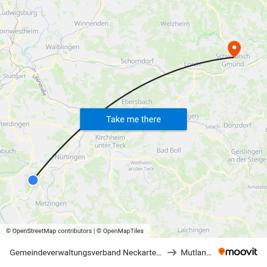 Gemeindeverwaltungsverband Neckartenzlingen to Mutlangen map