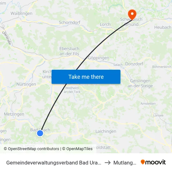 Gemeindeverwaltungsverband Bad Urach to Mutlangen map
