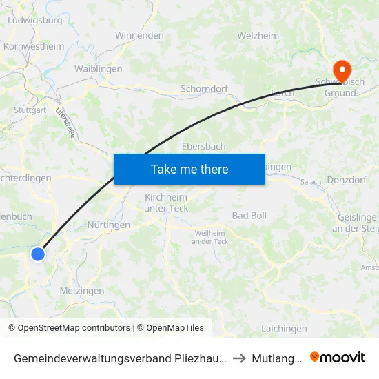 Gemeindeverwaltungsverband Pliezhausen to Mutlangen map