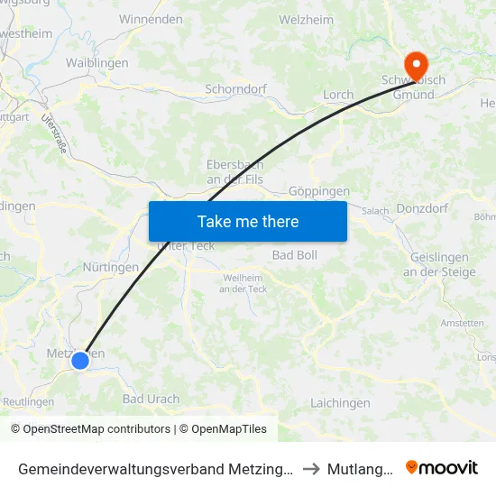 Gemeindeverwaltungsverband Metzingen to Mutlangen map
